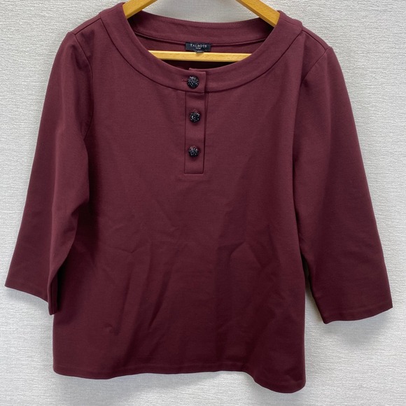 Talbots Petites Burgundy 3/4 Sleeve Henley Top XLp Button Neck Stretch - Picture 2 of 9